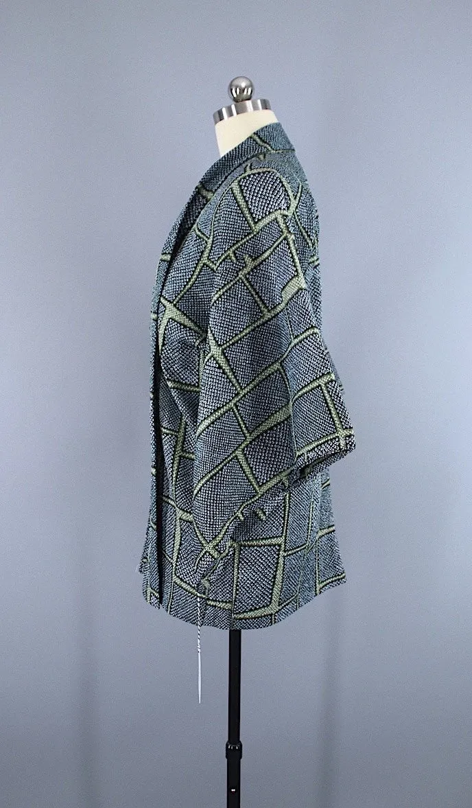 1960s Vintage Silk Haori Kimono Jacket Cardigan / Dark Green Shibori