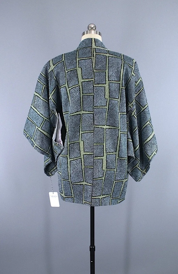 1960s Vintage Silk Haori Kimono Jacket Cardigan / Dark Green Shibori