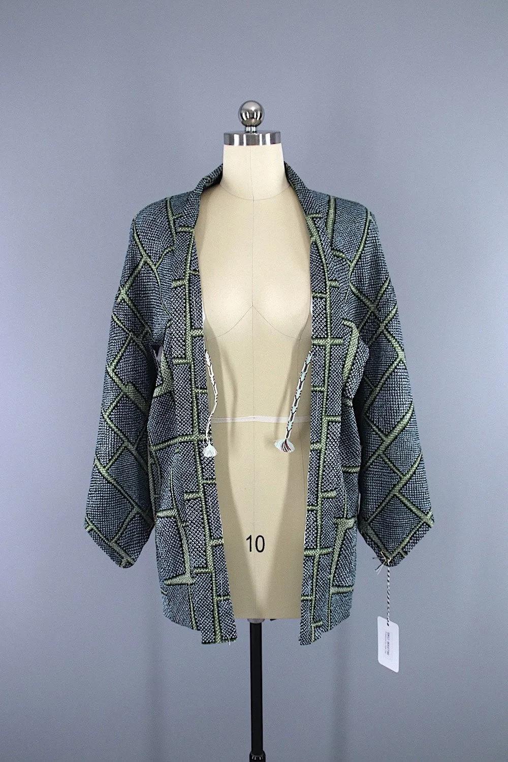 1960s Vintage Silk Haori Kimono Jacket Cardigan / Dark Green Shibori