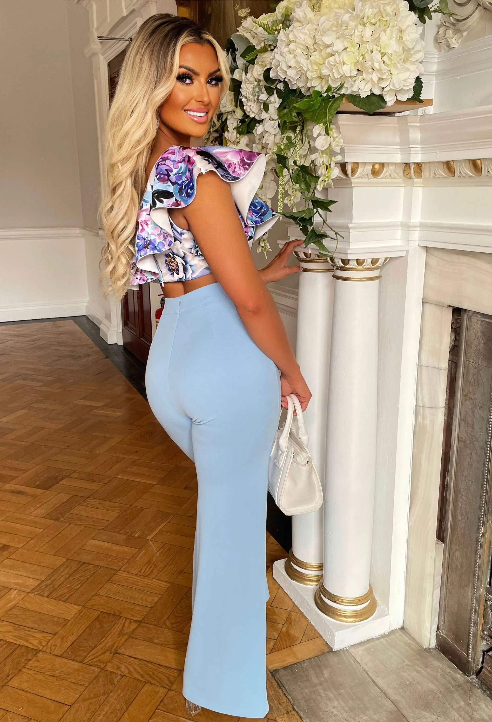 A Moments Like This Blue Floral Print Frill Crop Top