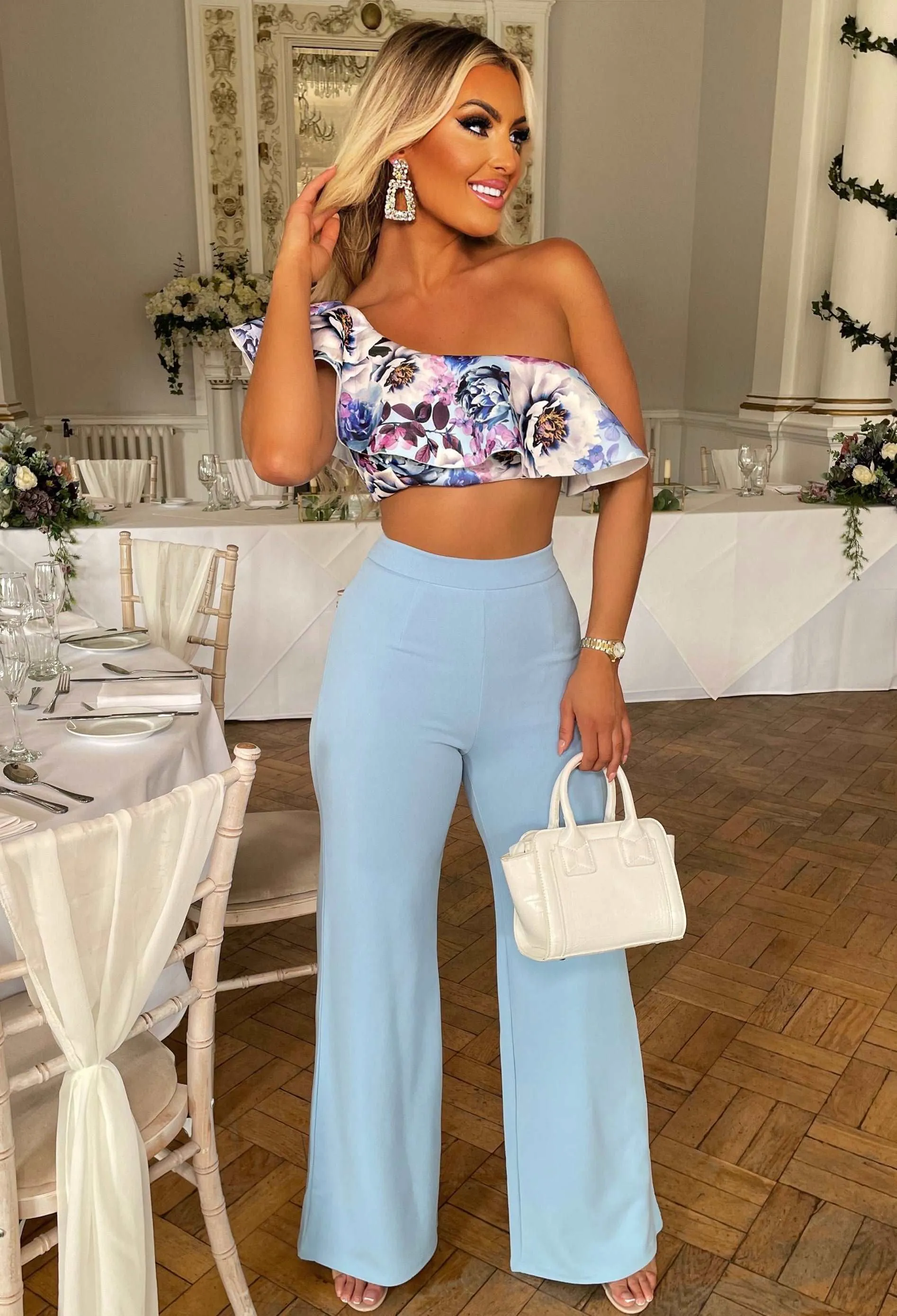 A Moments Like This Blue Floral Print Frill Crop Top