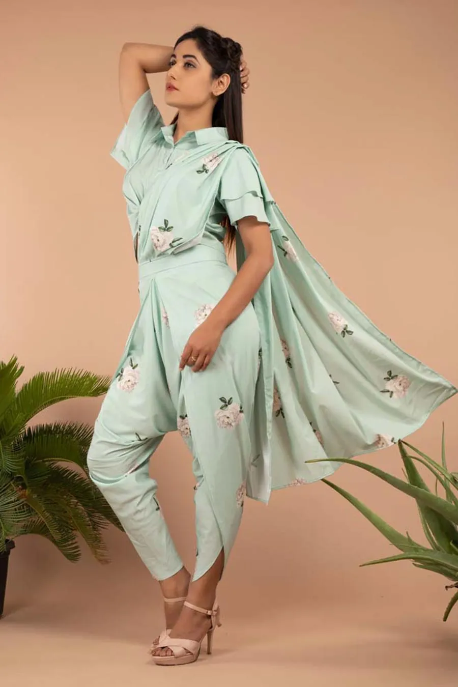 Adriatic Mist Dhoti Saree Pants & Top