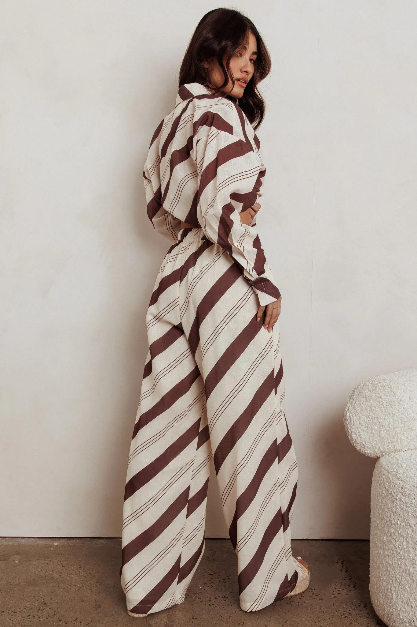 Alex Elastic Waist Striped Print Pant Cream/Cacao