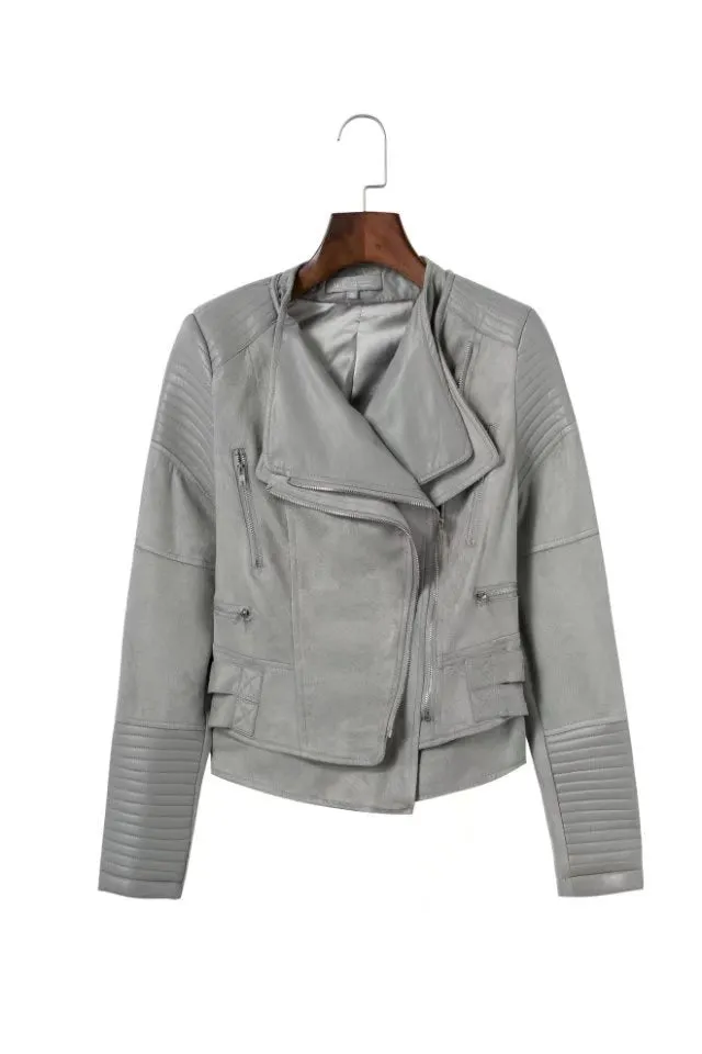 ALISSA VEGAN LEATHER BIKER JACKET- GREY