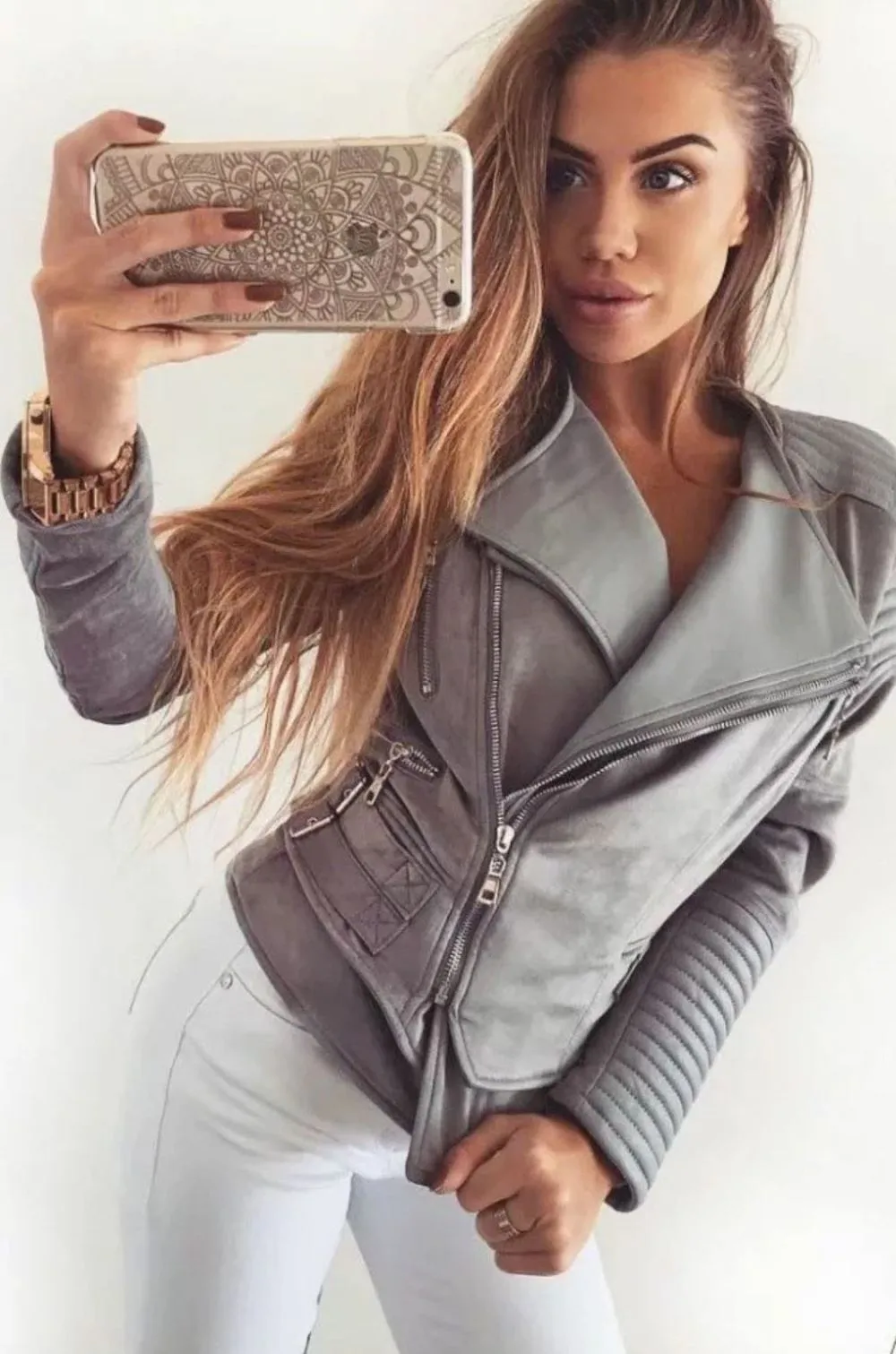 ALISSA VEGAN LEATHER BIKER JACKET- GREY