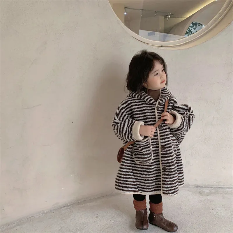 Baby Girls Plush Coats Autumn Winter Striped Woolen Jackets Children Hooded Outerwear 2024 Kids Warm Zipper Casual Clothing