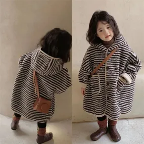 Baby Girls Plush Coats Autumn Winter Striped Woolen Jackets Children Hooded Outerwear 2024 Kids Warm Zipper Casual Clothing