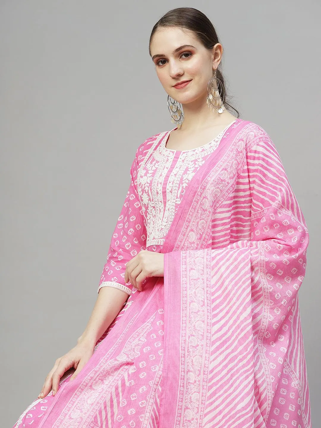 Bandhani Printed & Embroidered Kurta with Pants & Dupatta - Pink