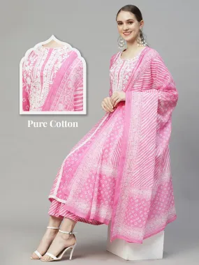 Bandhani Printed & Embroidered Kurta with Pants & Dupatta - Pink