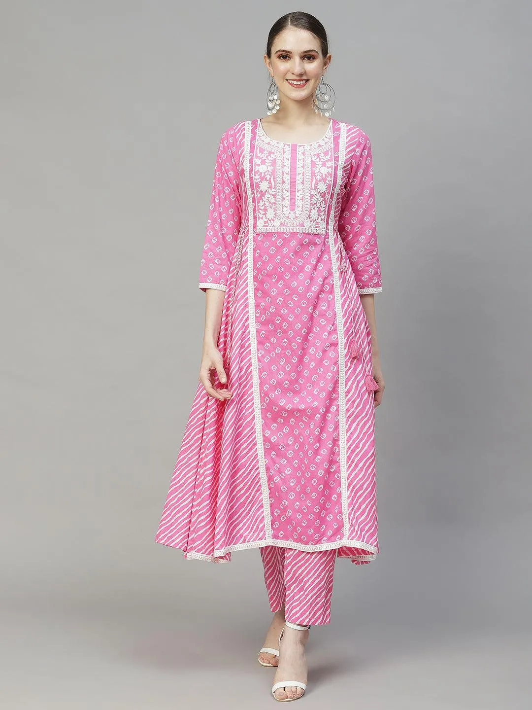 Bandhani Printed & Embroidered Kurta with Pants & Dupatta - Pink