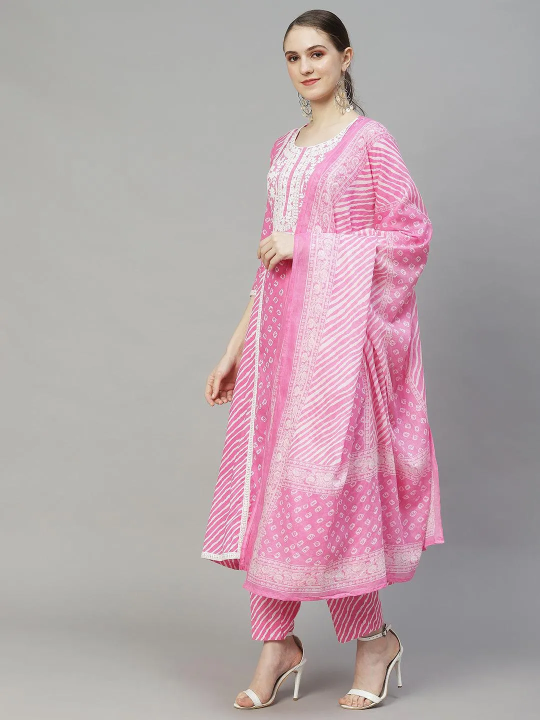 Bandhani Printed & Embroidered Kurta with Pants & Dupatta - Pink