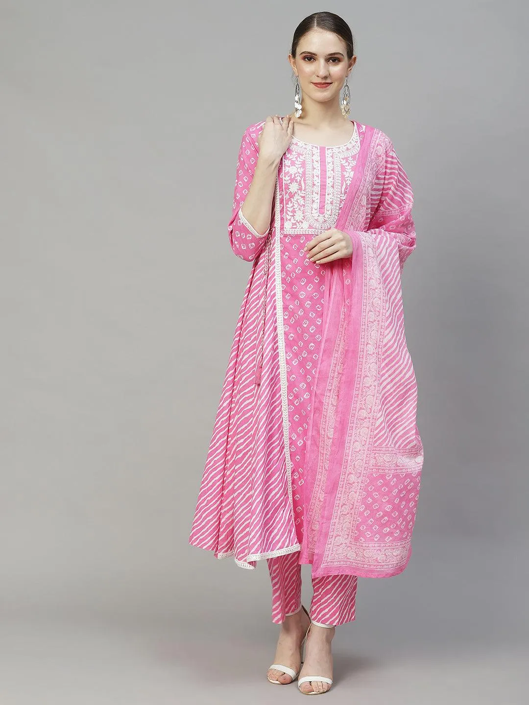 Bandhani Printed & Embroidered Kurta with Pants & Dupatta - Pink