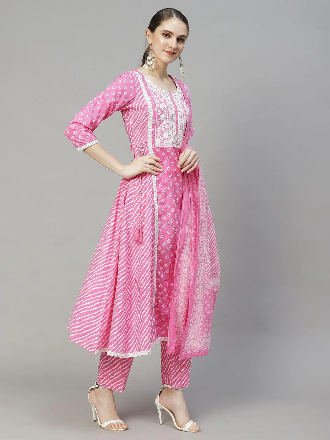 Bandhani Printed & Embroidered Kurta with Pants & Dupatta - Pink