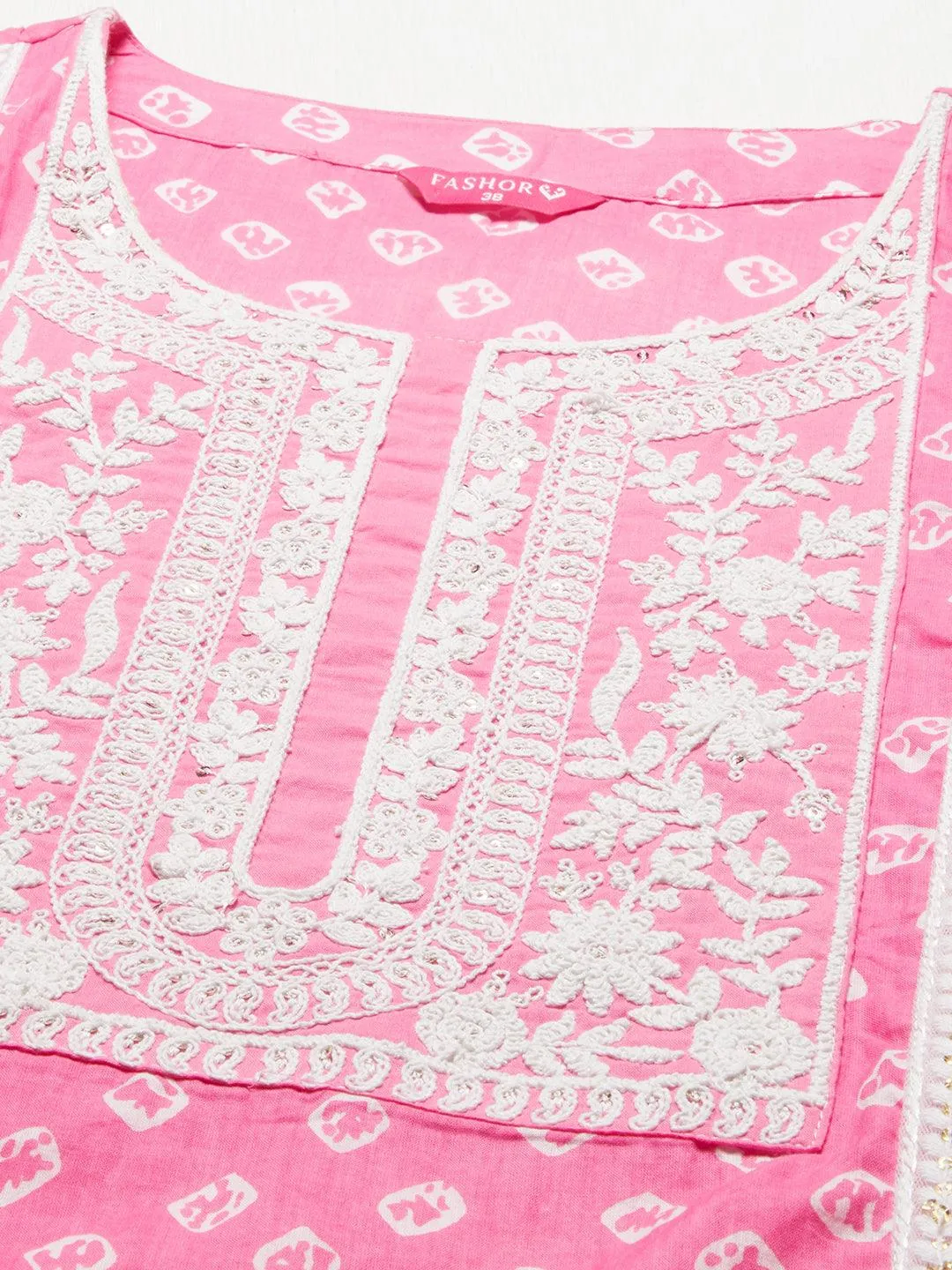 Bandhani Printed & Embroidered Kurta with Pants & Dupatta - Pink