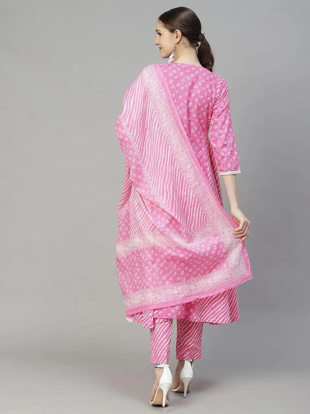 Bandhani Printed & Embroidered Kurta with Pants & Dupatta - Pink