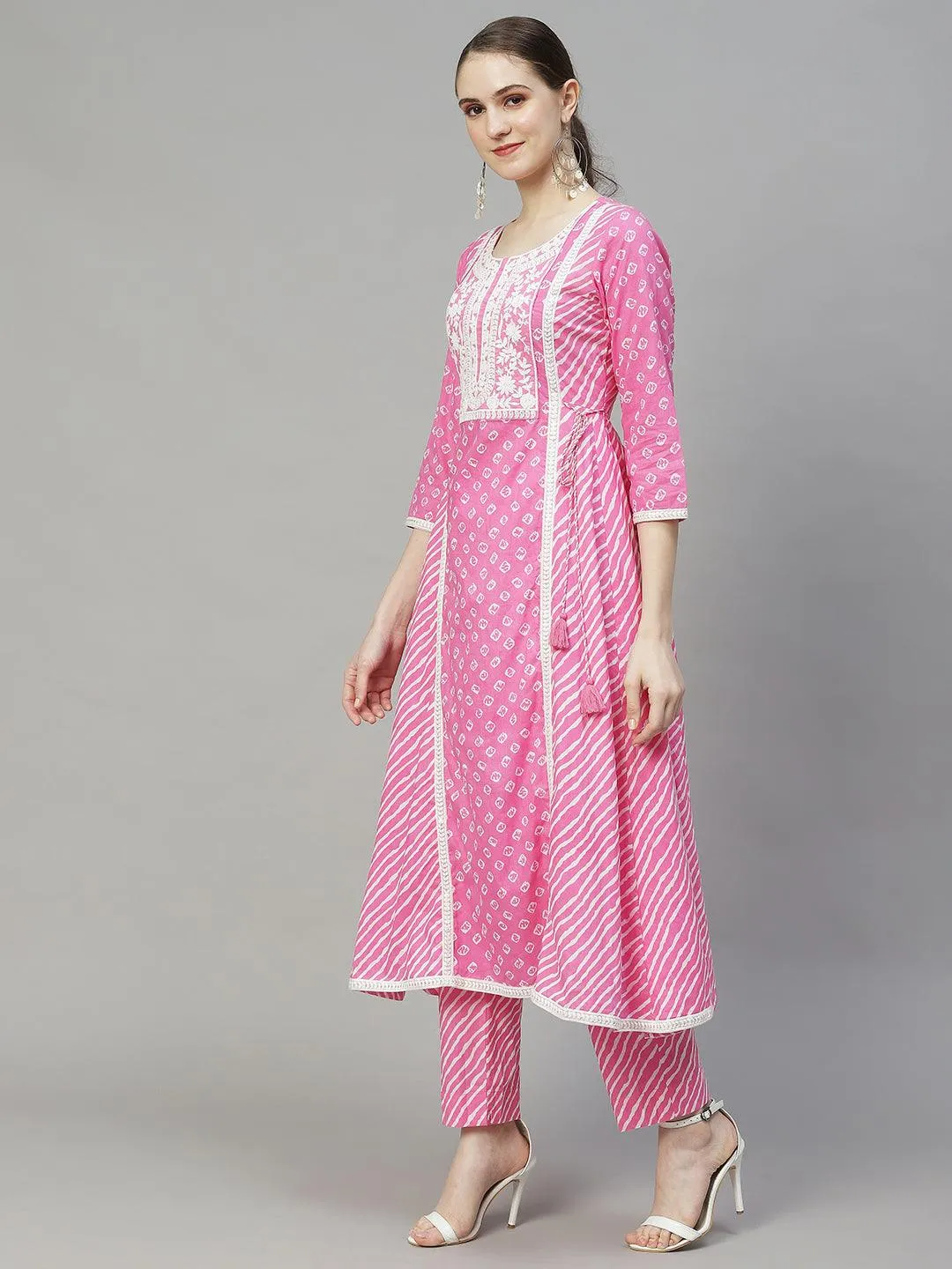 Bandhani Printed & Embroidered Kurta with Pants & Dupatta - Pink