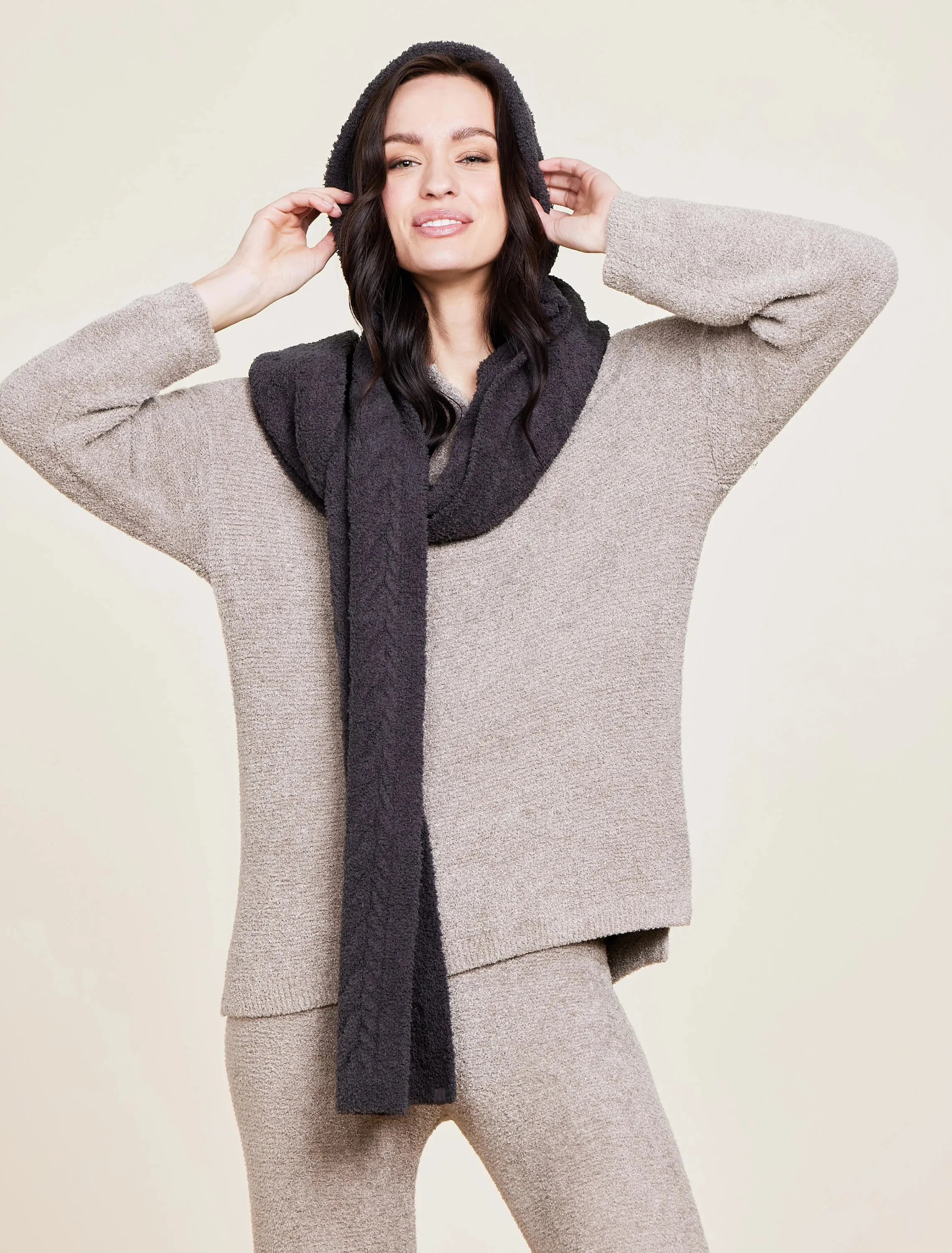 Barefoot Dreams CozyChic® Cable Hooded Scarf in Carbon