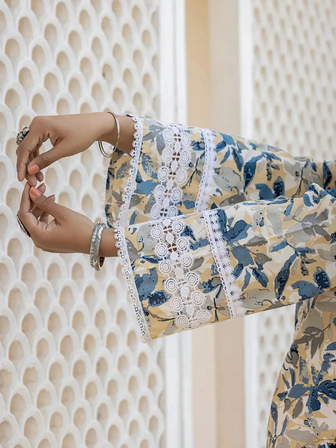 Beige, Blue & White Cotton Leaf Print Straight Shape Pakistani Style Suit Set with Voile Dupatta