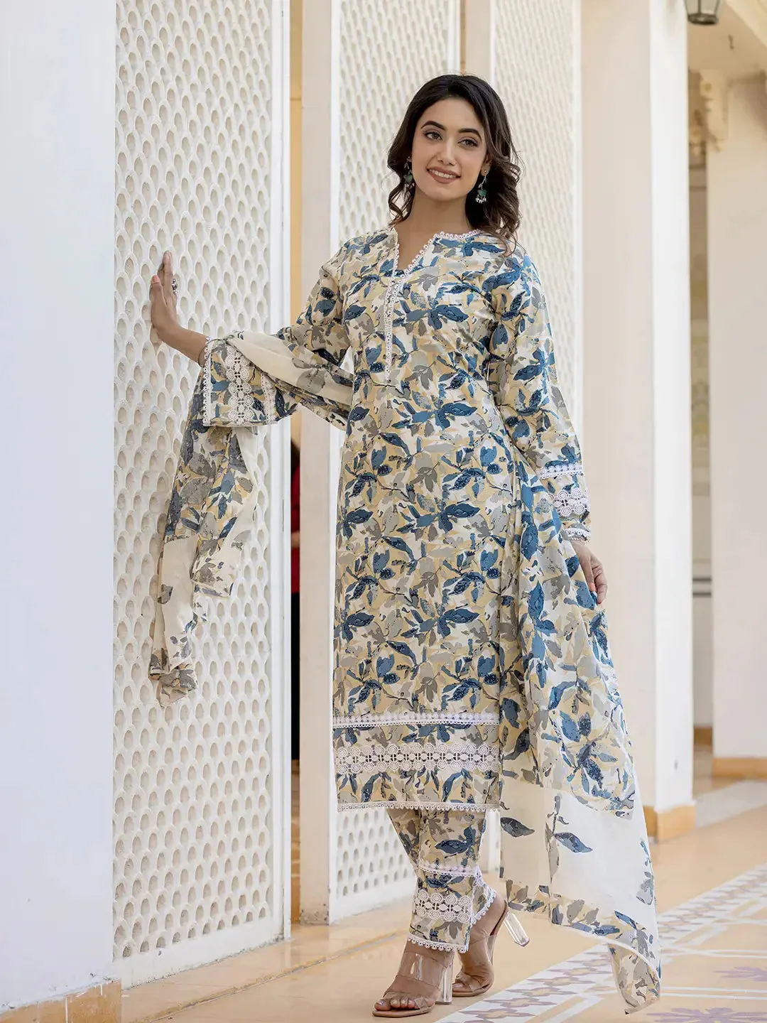 Beige, Blue & White Cotton Leaf Print Straight Shape Pakistani Style Suit Set with Voile Dupatta