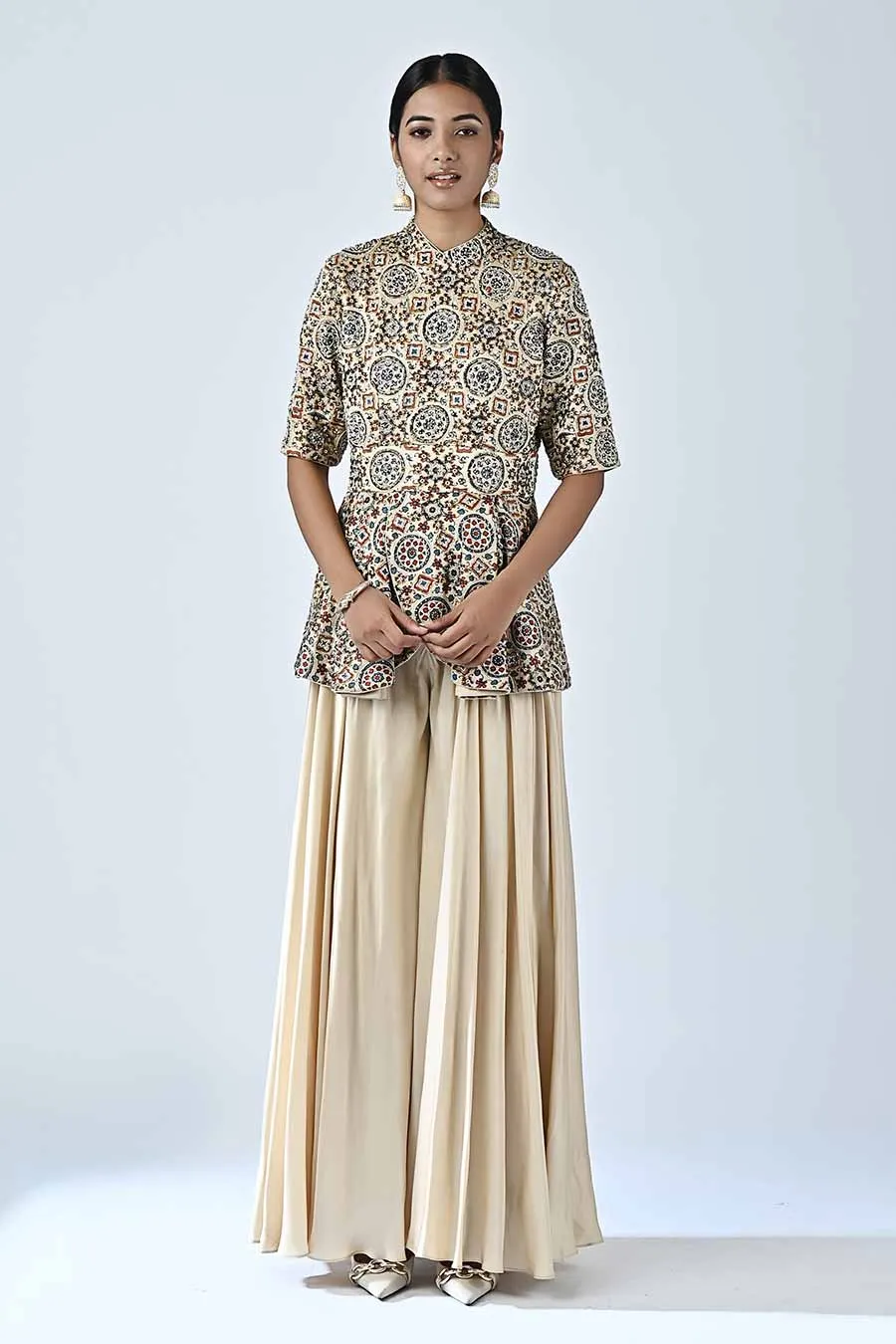 Beige Embellished Ajrakh Peplum Jumpsuit