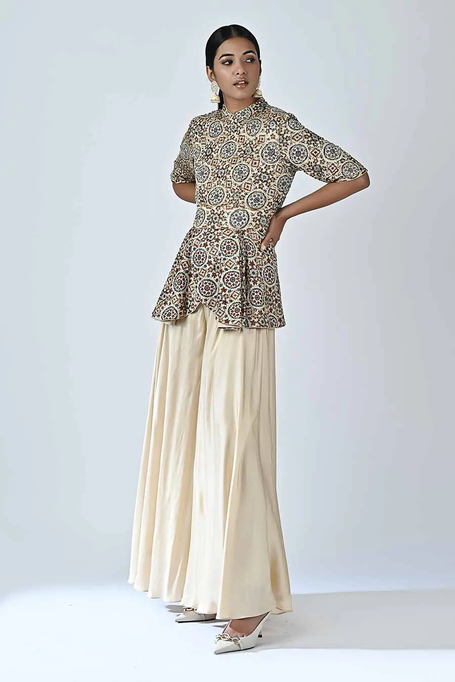 Beige Embellished Ajrakh Peplum Jumpsuit