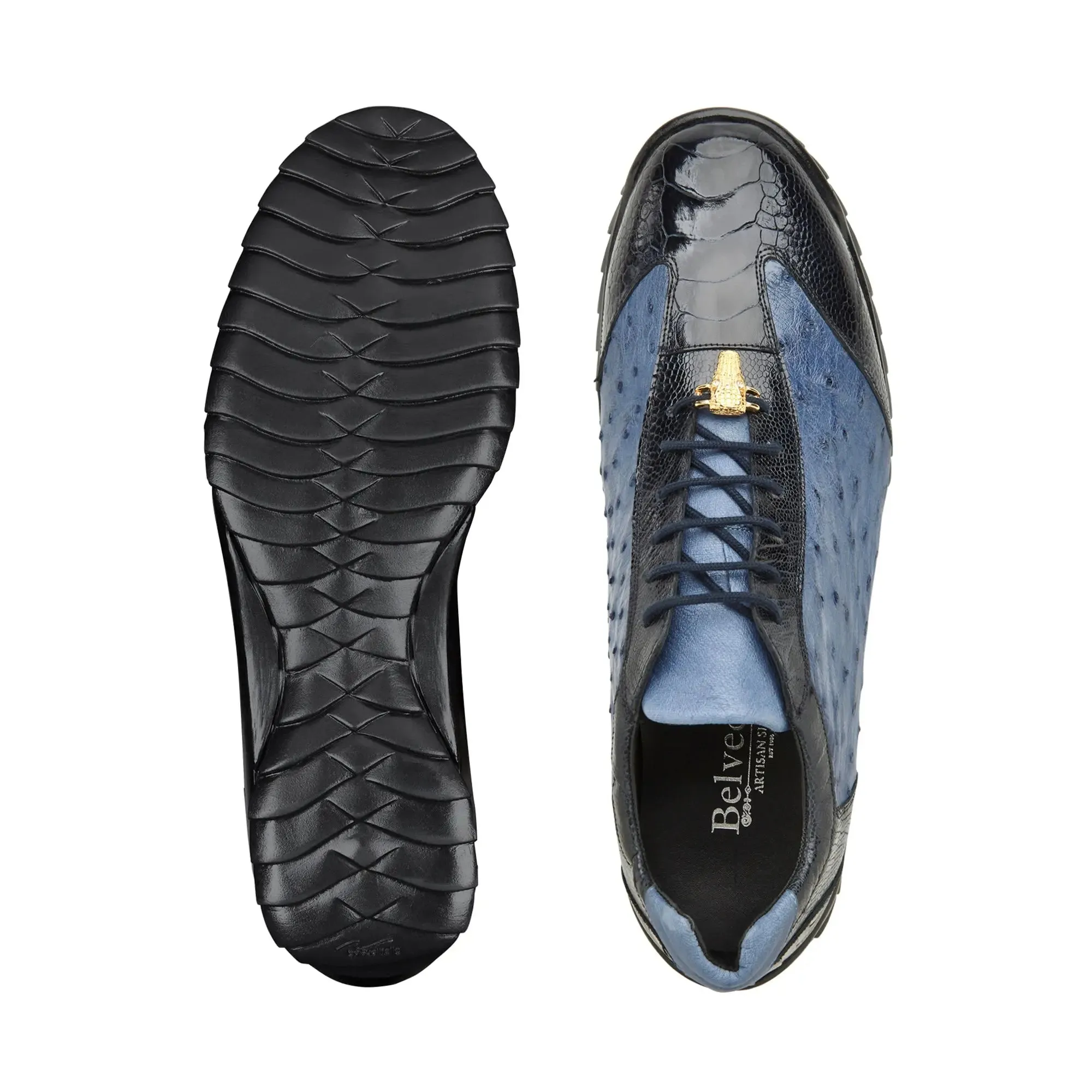 Belvedere Lando in Navy / Blue Jeans Genuine Ostrich Leg & Italian Calf Sneakers