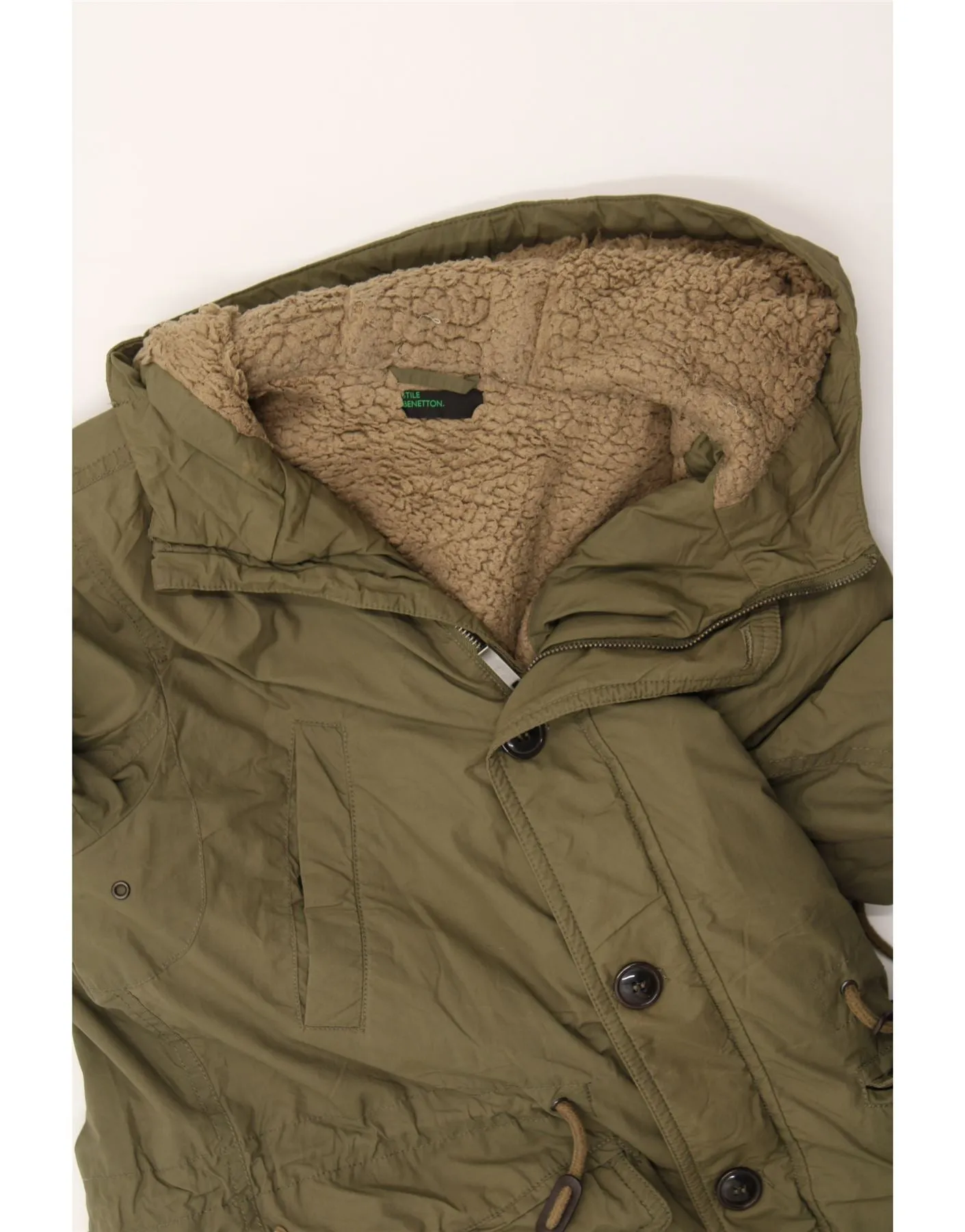 BENETTON Mens Hooded Parka Jacket IT 46 Small Khaki Cotton