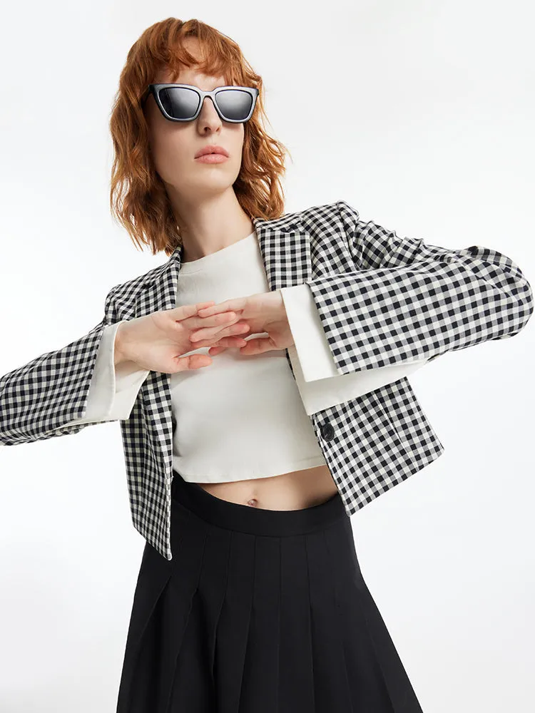 Black And White Check Women Crop Blazer