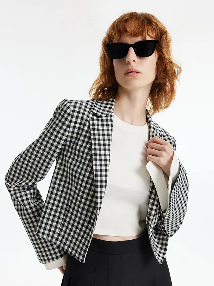 Black And White Check Women Crop Blazer