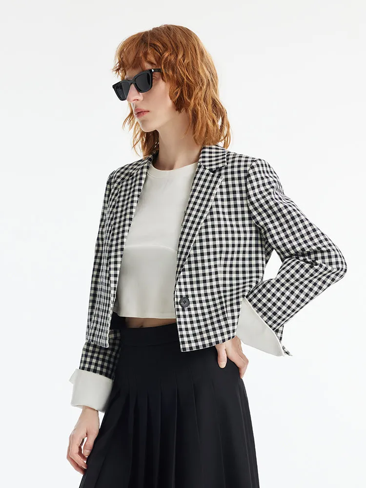 Black And White Check Women Crop Blazer