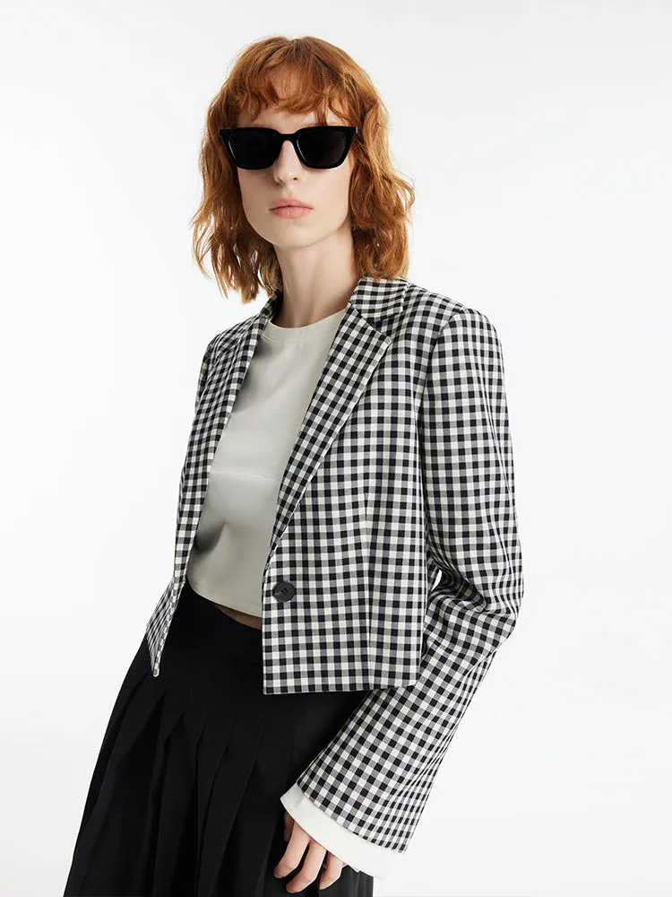 Black And White Check Women Crop Blazer