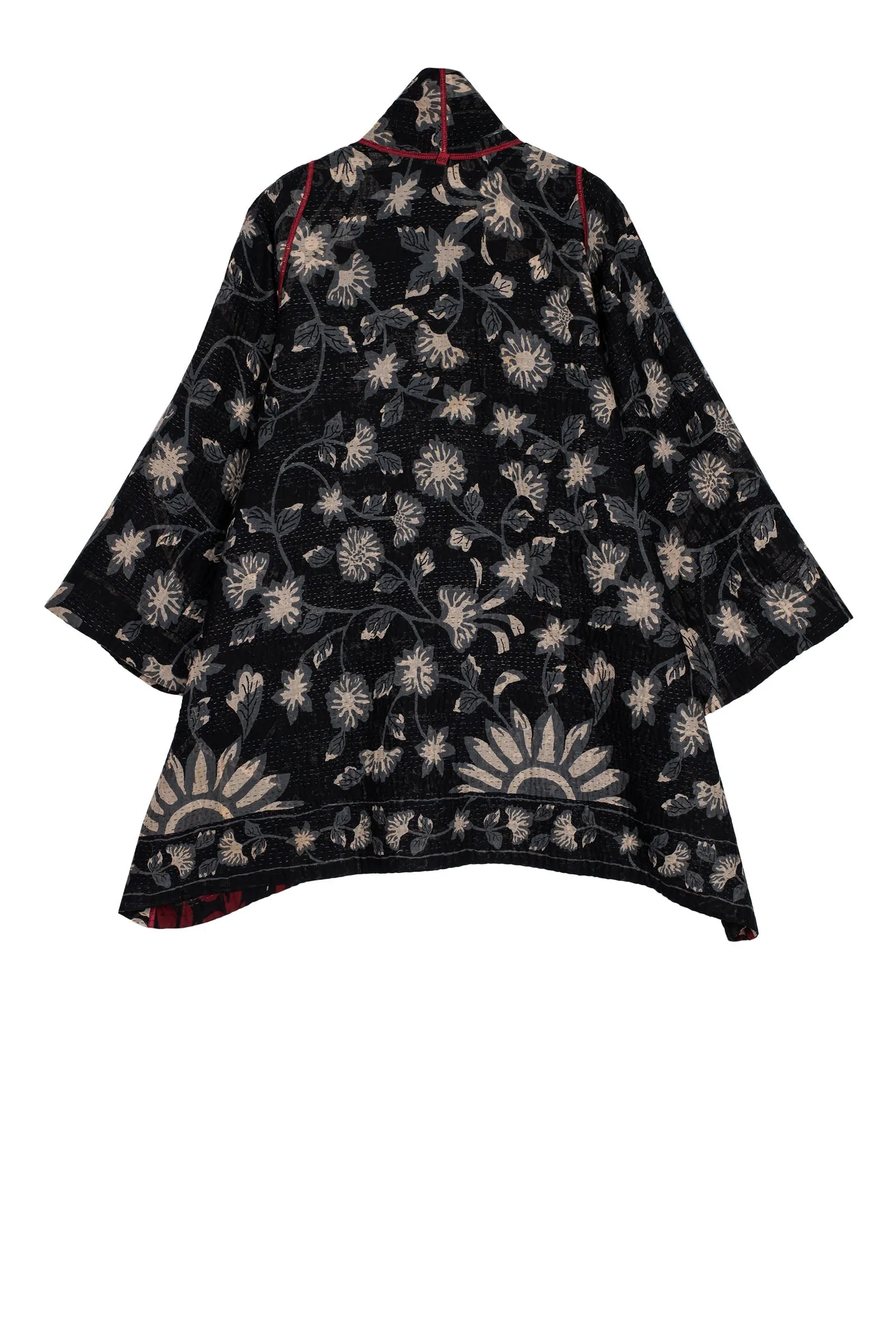 BLACK AND WHITE PRINT PATCH KANTHA A-LINE JACKET - pn4003-blk -