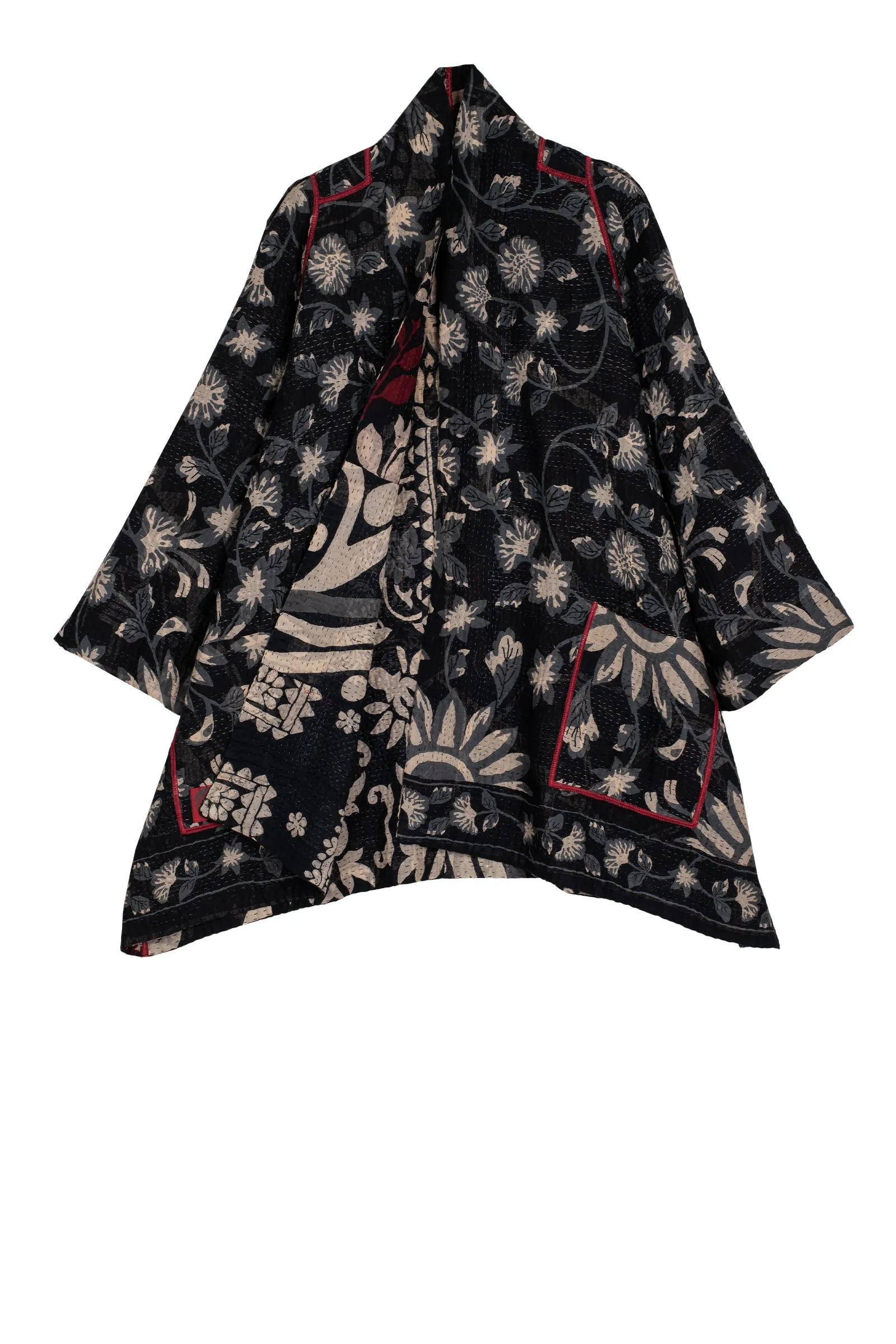 BLACK AND WHITE PRINT PATCH KANTHA A-LINE JACKET - pn4003-blk -