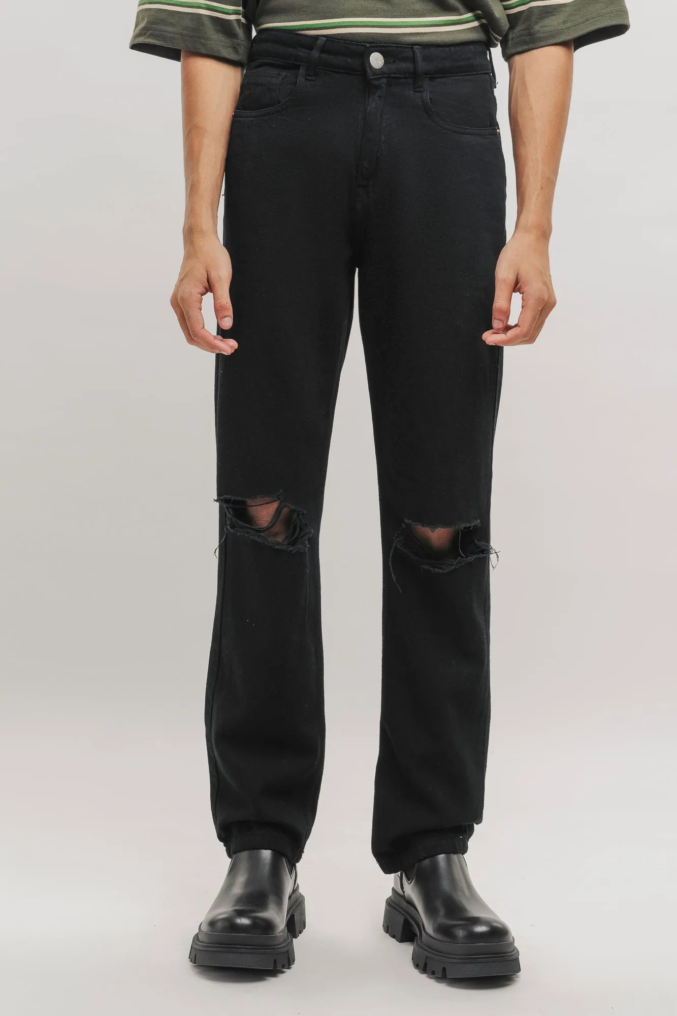 Black Classic Distressed Men's Wide Jeans