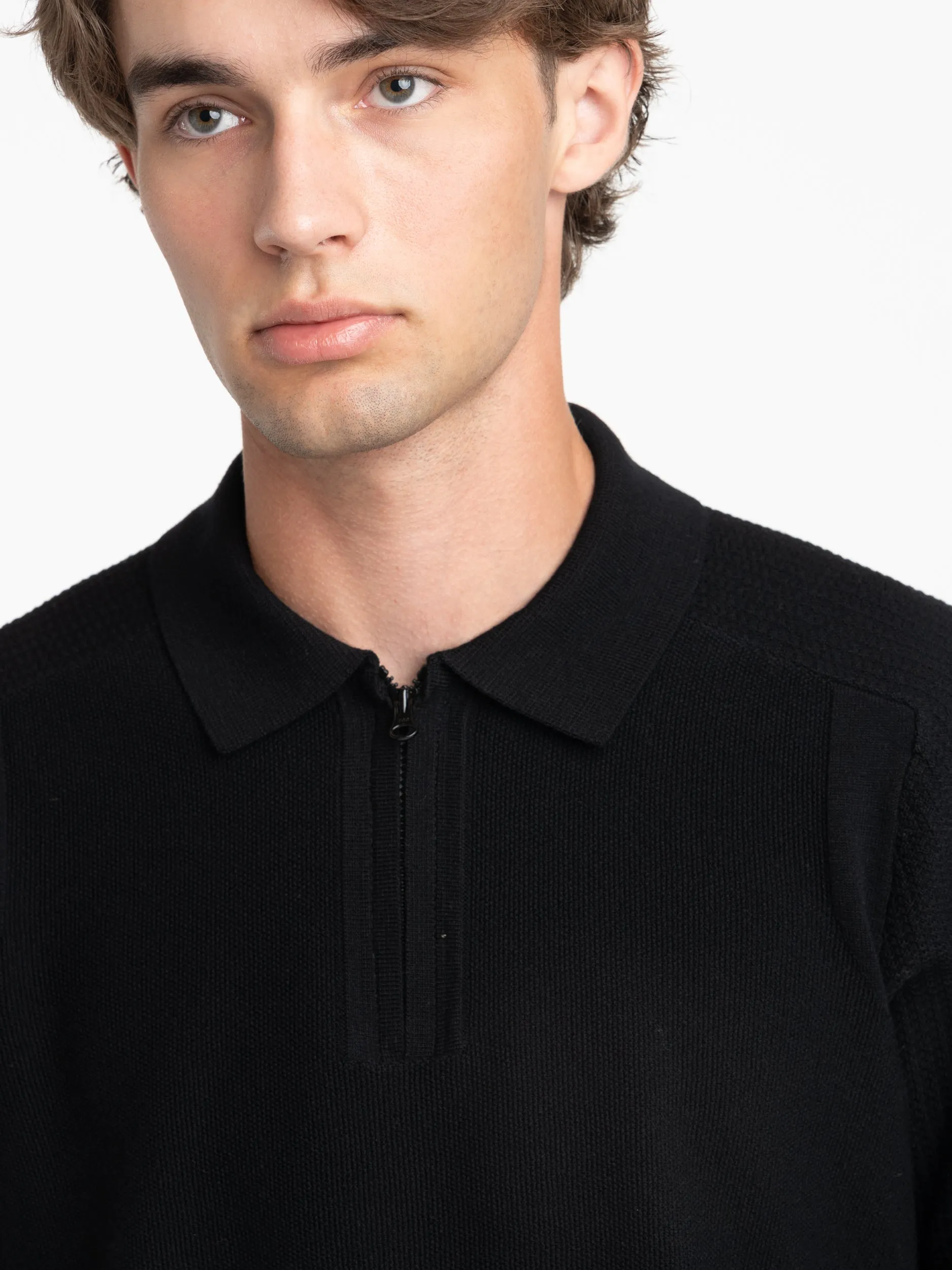 Black Compass-Badge Knitted Polo Shirt