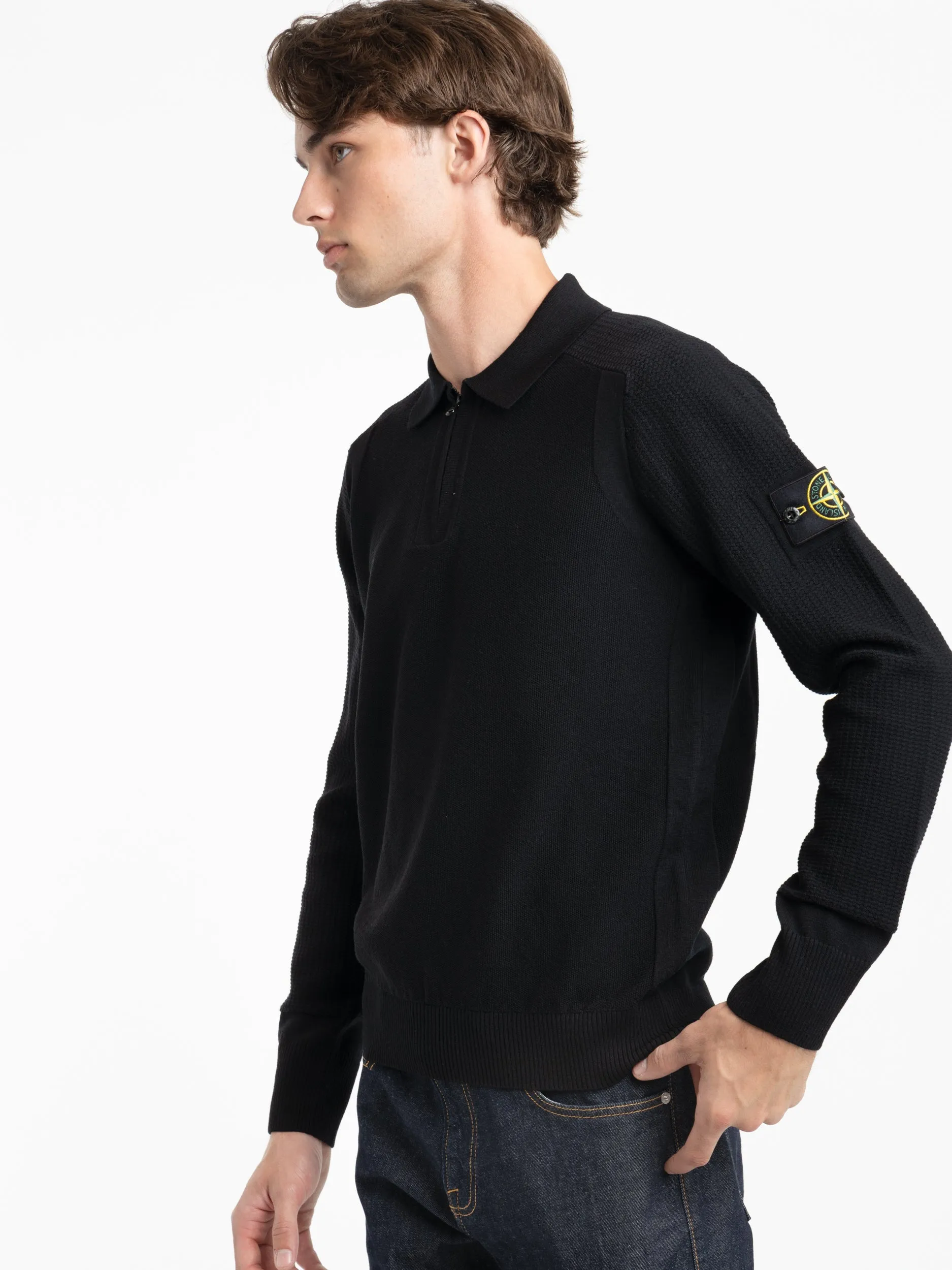 Black Compass-Badge Knitted Polo Shirt