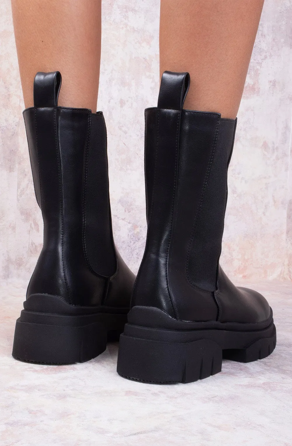 Black Faux Leather Chunky Chelsea Boots