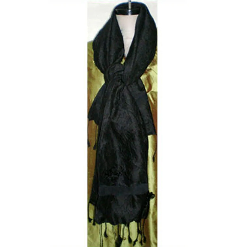 Black Flower Crinkle Silk Scarf