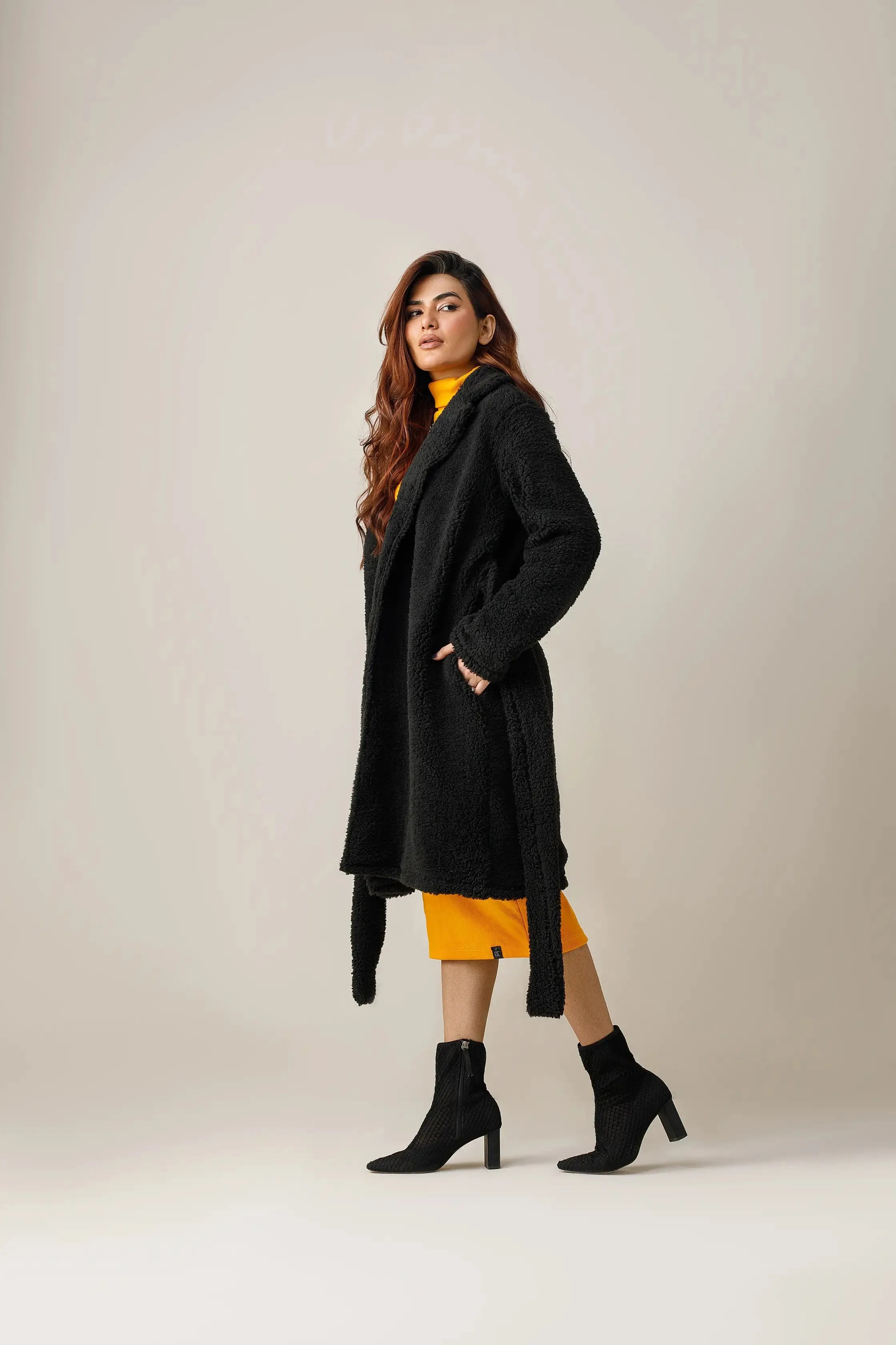 Black Furr Long Lapel Coat