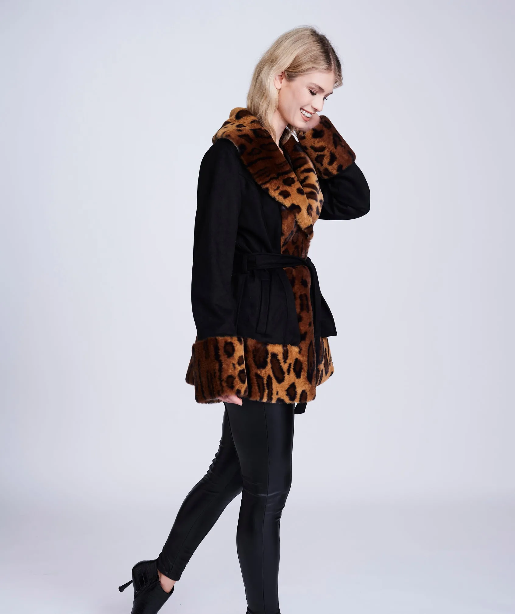 Black Leopard Print Faux Fur Coat with Shawl Collar