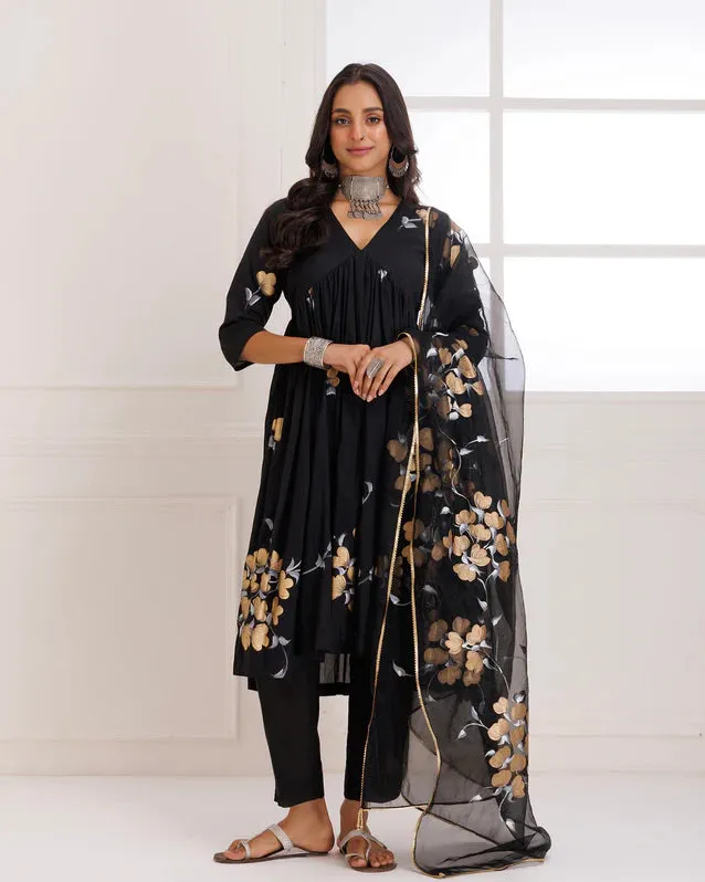 Black Organza Hand Painted Suit Set with Dupatta