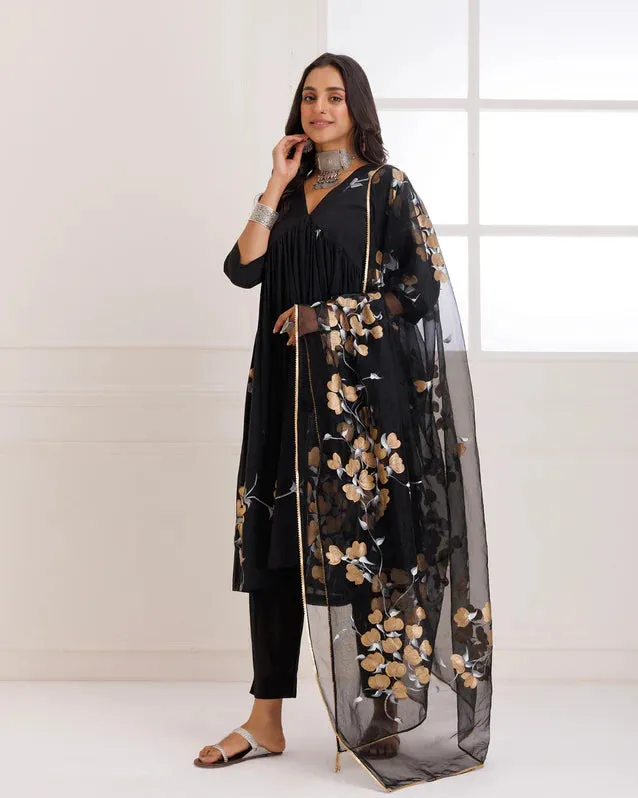 Black Organza Hand Painted Suit Set with Dupatta