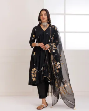 Black Organza Hand Painted Suit Set with Dupatta