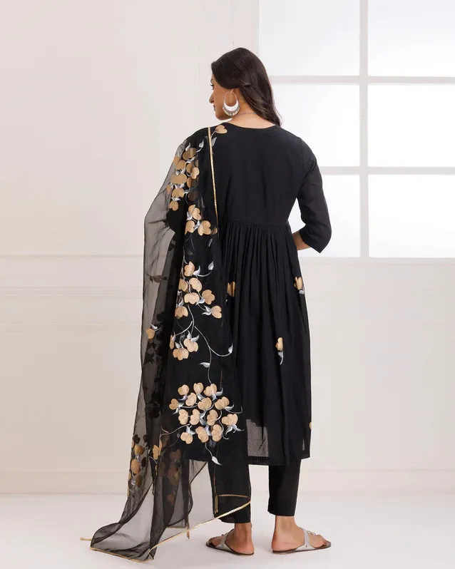 Black Organza Hand Painted Suit Set with Dupatta