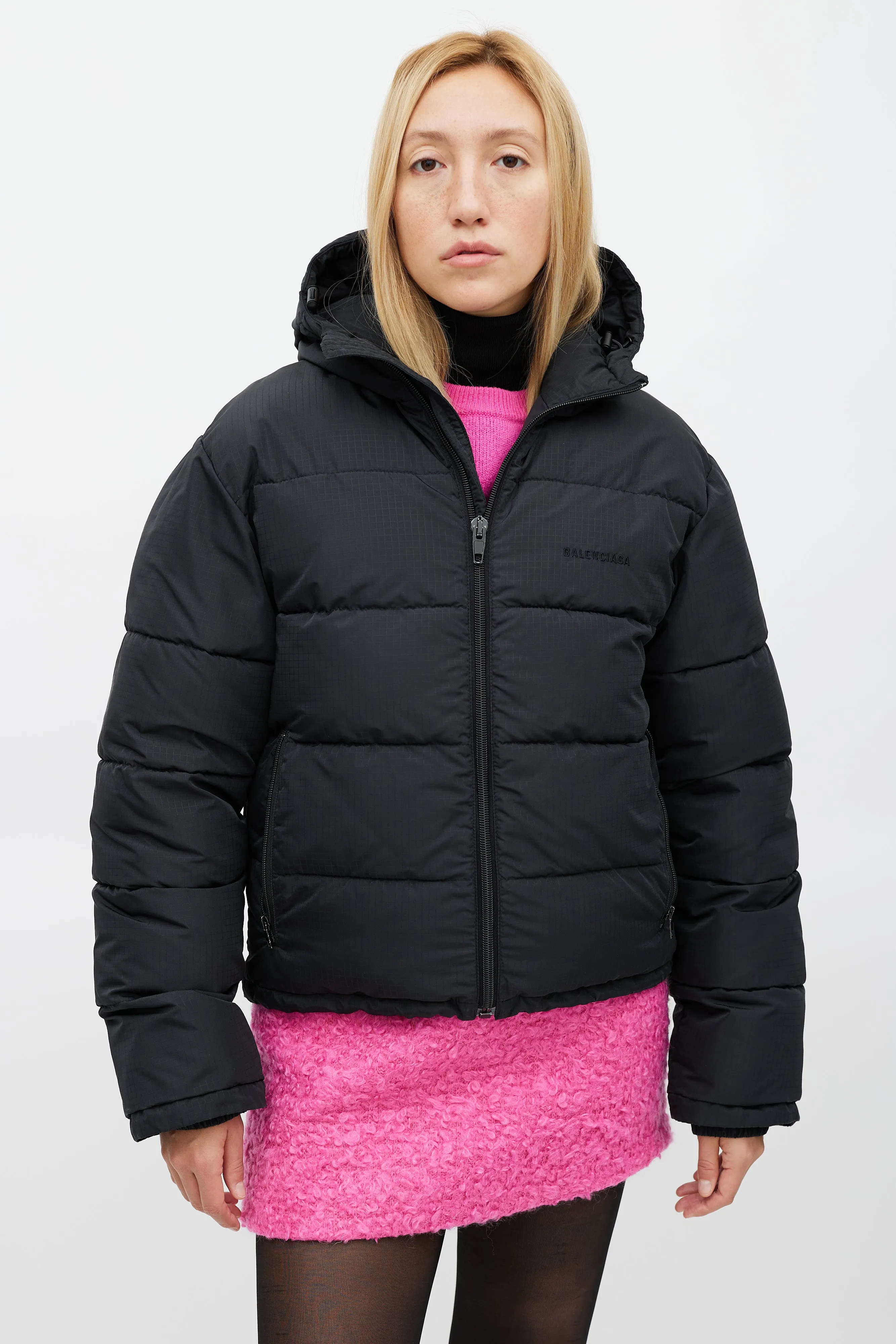 Black Ripstop Hooded Puffer Jacket