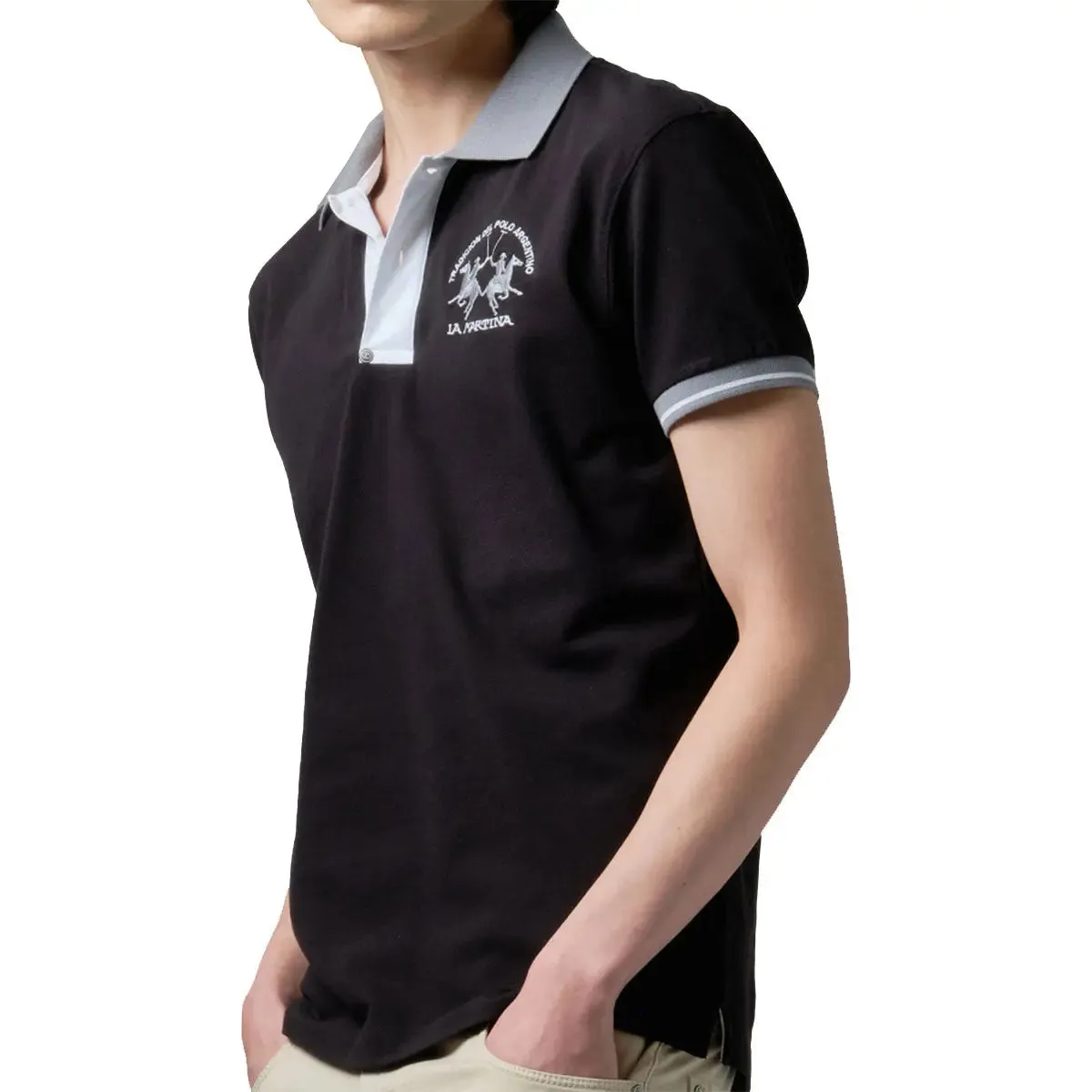 Black slim-fit stretch piqué polo shirt