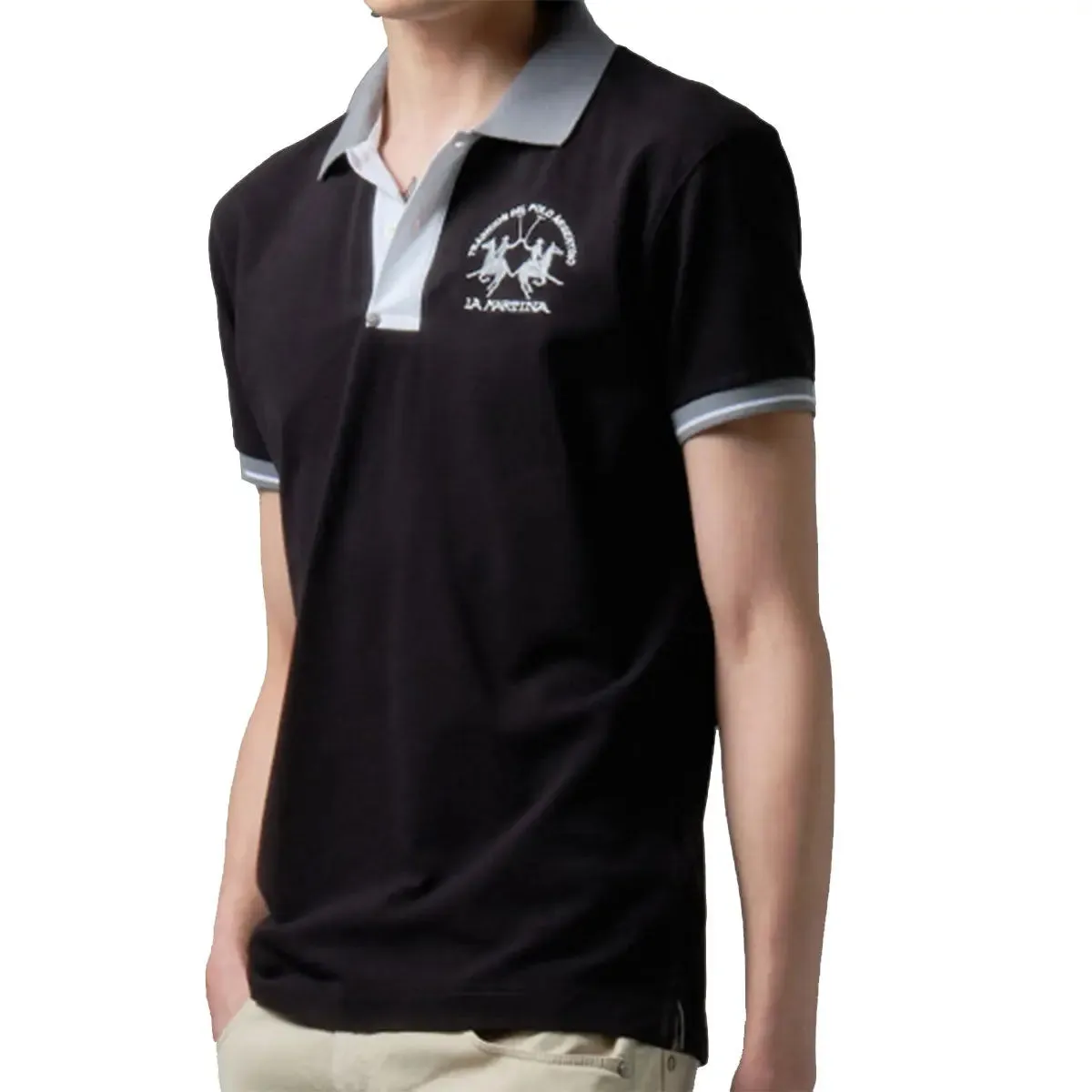 Black slim-fit stretch piqué polo shirt