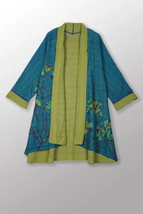 BLOOMING FLOWERS KANTHA KIMONO LONG JACKET - bf4005-blu -