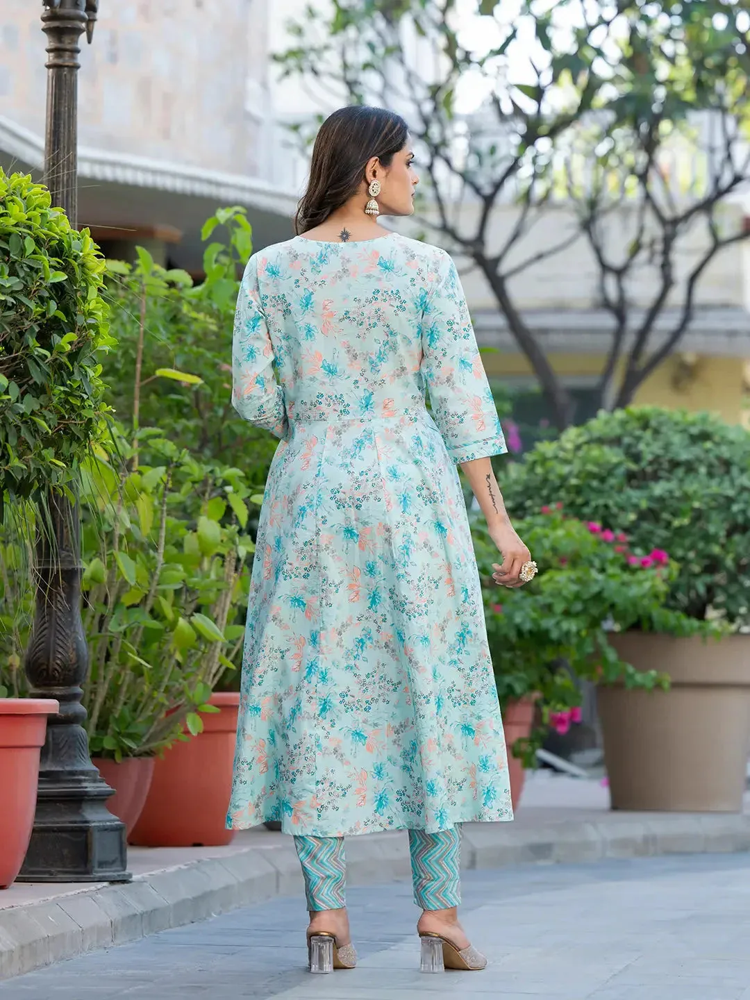 Blue & White Cotton Floral Print Anarkali Suit Set with Dupatta