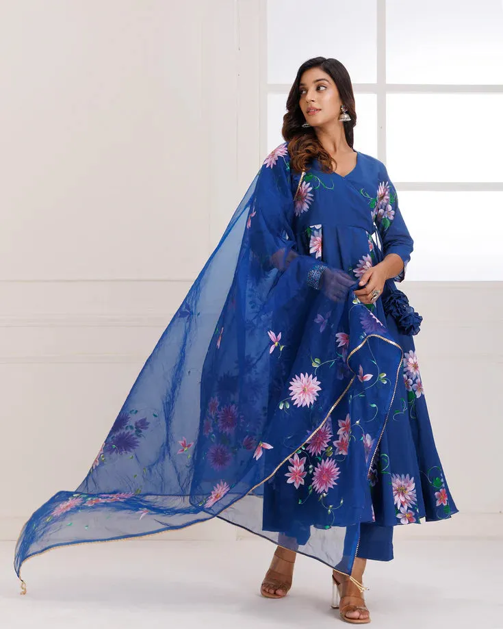 Blue Organza Angrakha Hand Painted Anarkali Suit Set with Dupatta